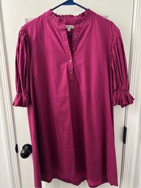 Pleated-Sleeve Mini Dress in Fuchsia